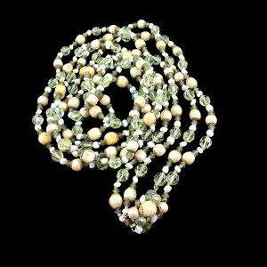 Multi-Strand Green & Cream Glass Bead Necklace Brass Clasp 44" Opera Easter
